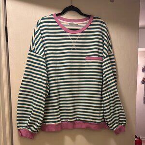 Striped Green and White Sweater with Pink Accents